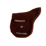 Brown plush fleece numnah with two tan straps and supreme products label ideal as a double fleece numnah