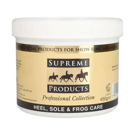 A beige and black jar of supreme products heel sole and frog care designed to harden soft soles for horses