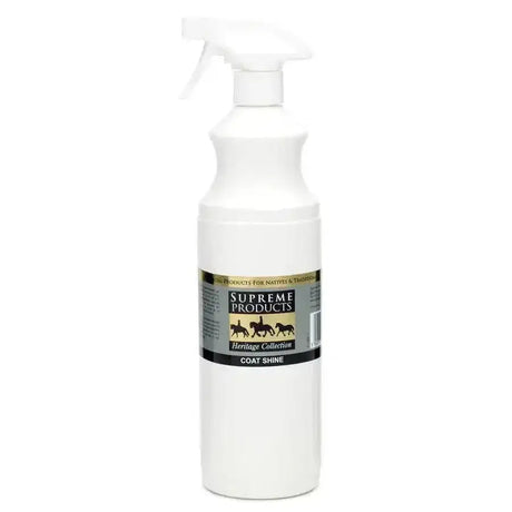 White plastic spray bottle with black and gold label for supreme products heritage coat shine product
