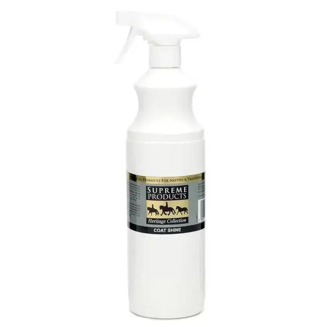 White plastic spray bottle with black and gold label for supreme products heritage coat shine product