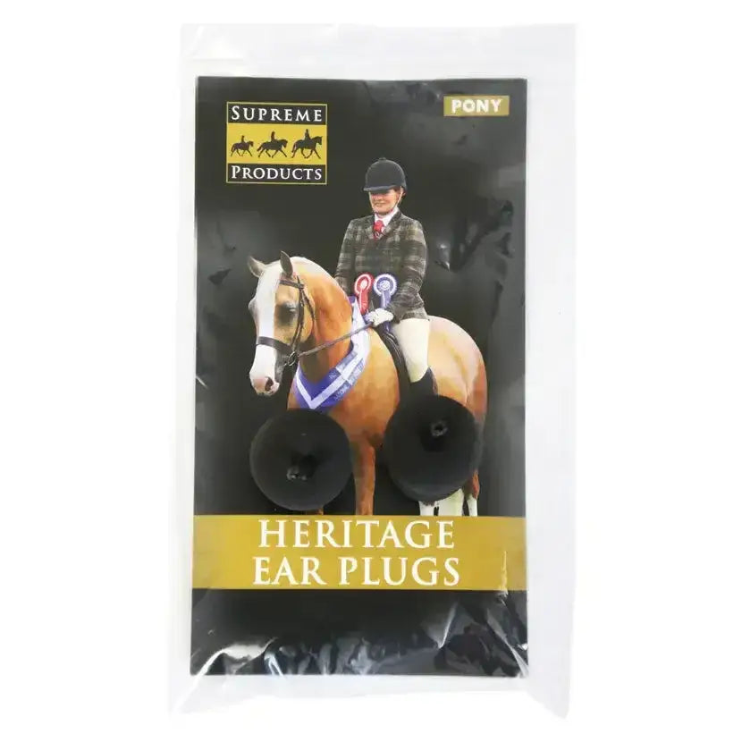 Black heritage ear plugs in clear plastic package from Supreme Products designed to reduce unnatural sounds for horses