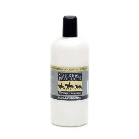White plastic bottle with black cap labeled supreme products heritage ultra-condition to revitalise tired brittle mane