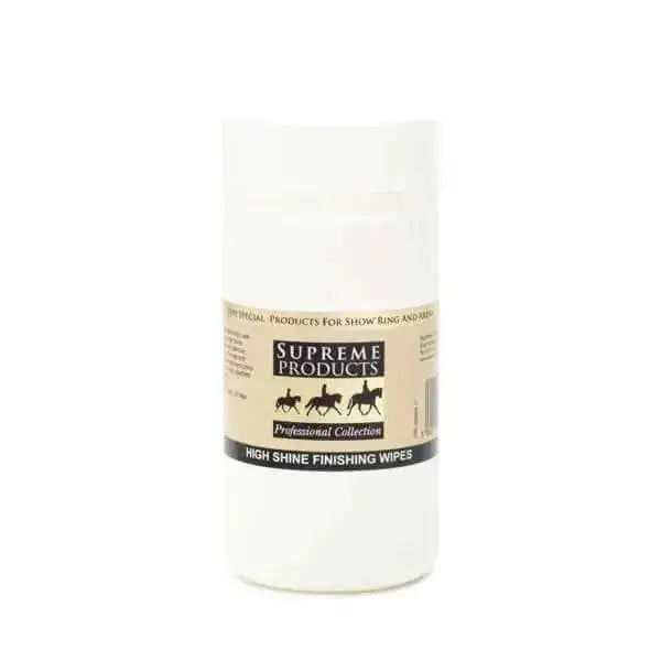 White cylindrical container of supreme products high shine finishing wipes for quick and easy shine finishing wipes use