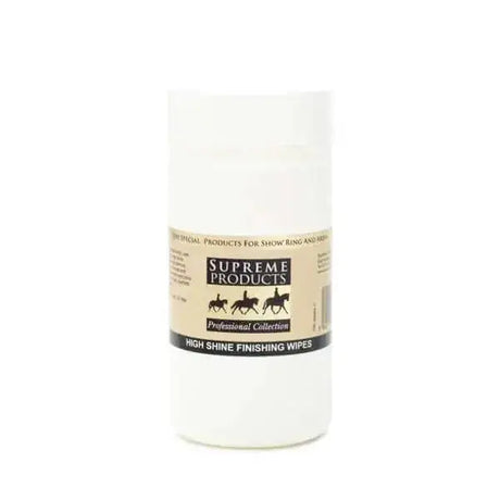 White cylindrical container of supreme products high shine finishing wipes for quick and easy shine finishing wipes use