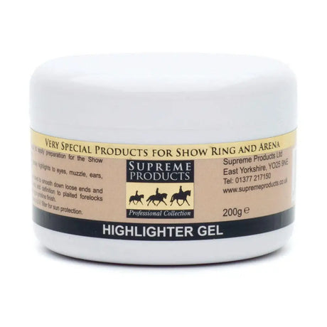 White cylindrical jar of supreme products highlighter gel 200g perfect for quarter marks and glowing skin