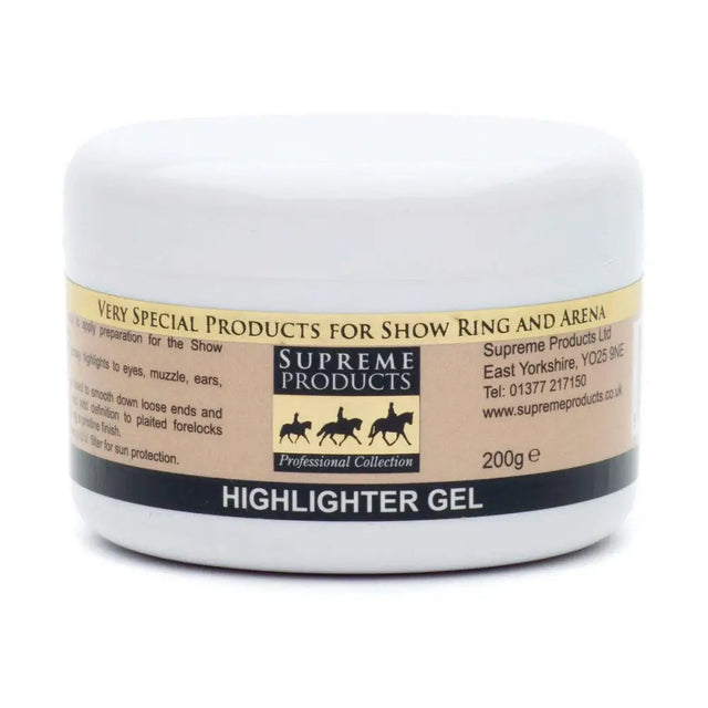White cylindrical jar of supreme products highlighter gel 200g perfect for quarter marks and glowing skin