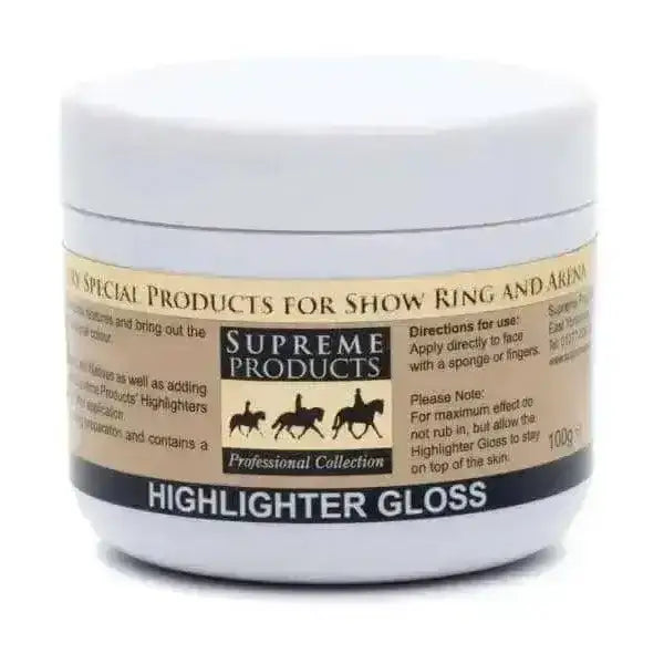 White cylindrical jar of supreme products highlighter gloss 100g for enhancing horse’s natural pigment in plaiting
