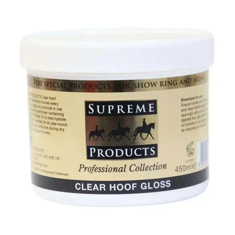 White plastic jar of supreme products hoof gloss with beige and black label for shiny hooves 450ml volume