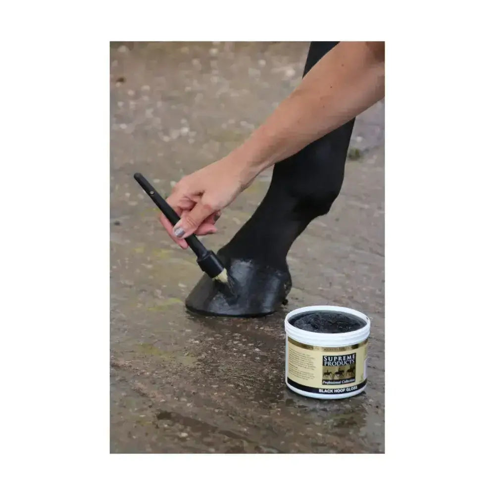 Supreme products hoof gloss black hoof glue in white container with gold label for shiny hooves care