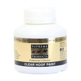White plastic bottle of supreme products hoof paint clear shiny hoof preparation with gold and black horse silhouettes label