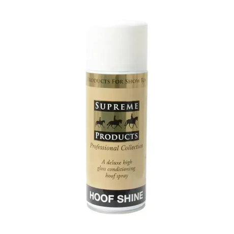 Supreme products hoof shine spray in gold and white can is a deluxe instant glossy hoof shine spray for horses