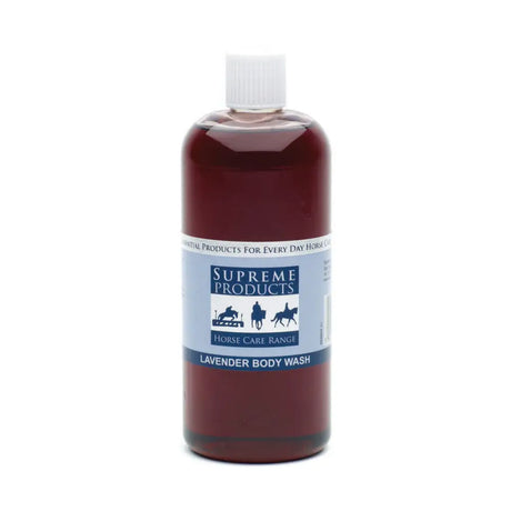 A bottle of supreme products lavender body wash with dark purple liquid and a white cap for a relaxing body wash experience