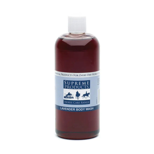 A bottle of supreme products lavender body wash with dark purple liquid and a white cap for a relaxing body wash experience