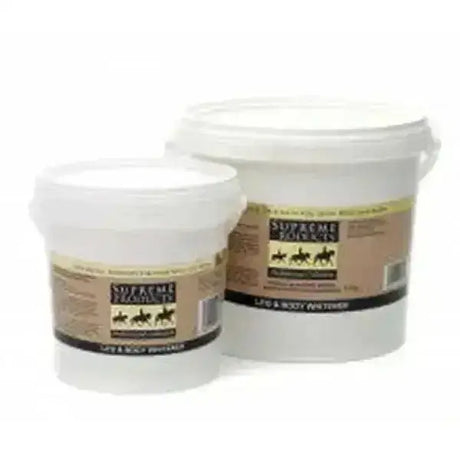 Two white plastic buckets with beige and black supreme products leg body whitener labels featuring horse silhouettes