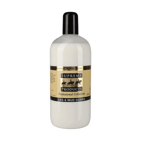 A clear plastic bottle with black cap filled with white waterproof barrier cream supreme products leg to combat mud fever
