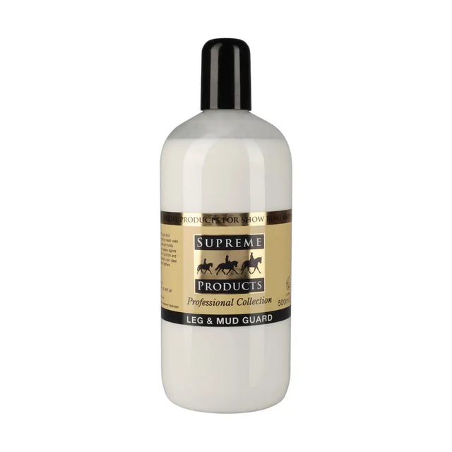 A clear plastic bottle with black cap filled with white waterproof barrier cream supreme products leg to combat mud fever