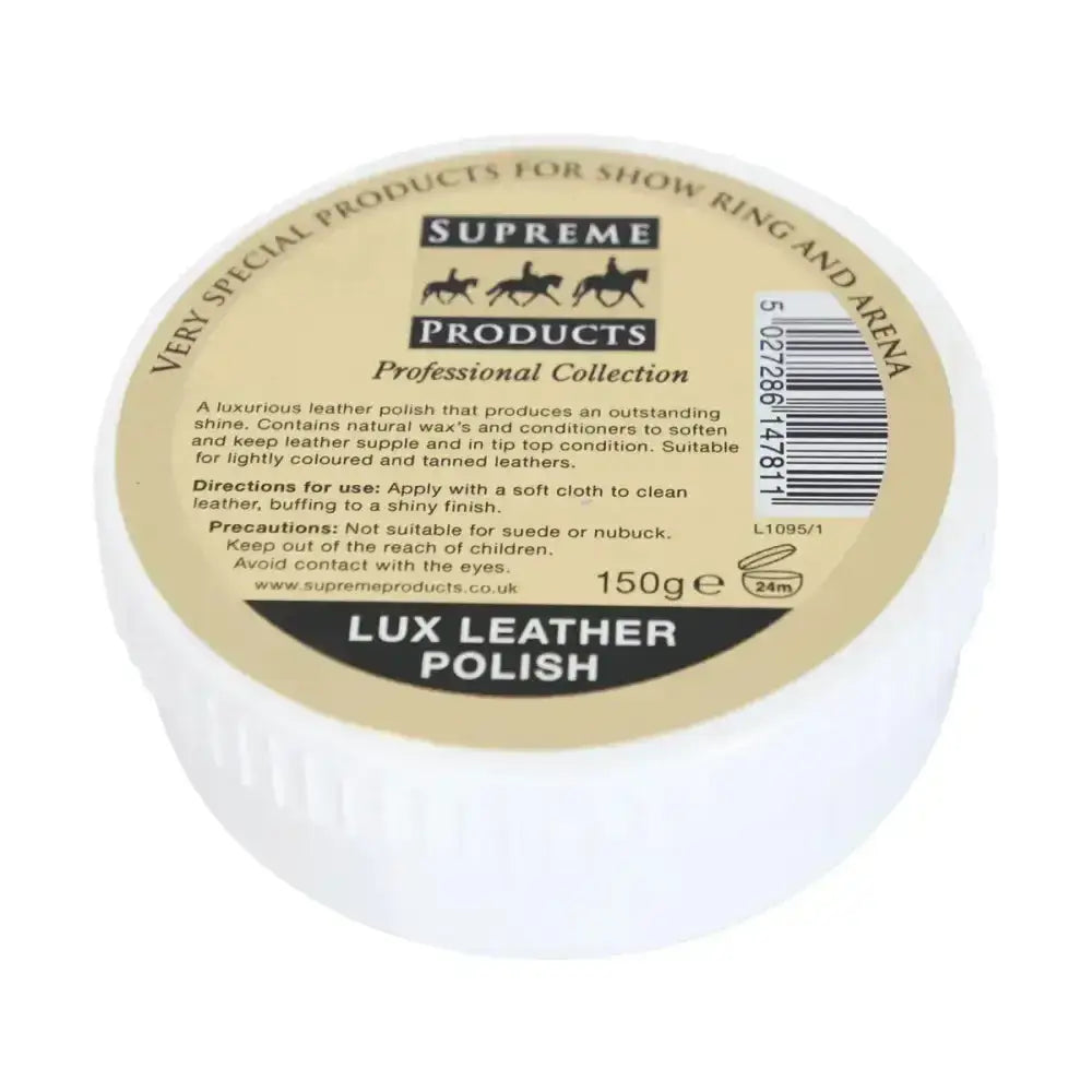 White cylindrical container of supreme products lux leather polish with beige label featuring three horses illustration