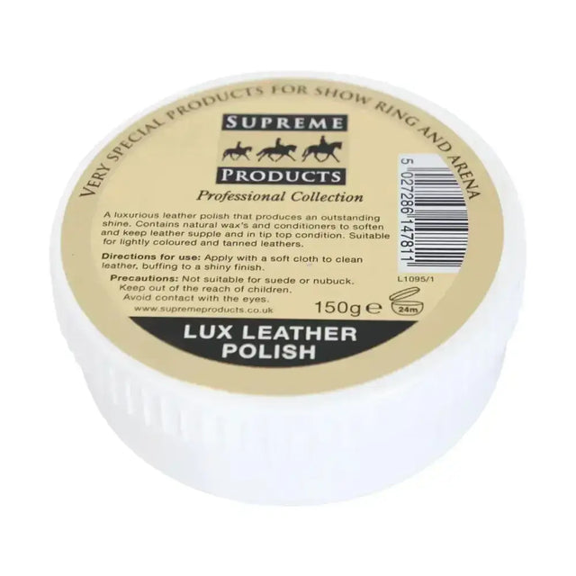 White cylindrical container of supreme products lux leather polish with beige label featuring three horses illustration