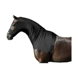 Black elastic horse fly mask with mesh eye openings from supreme products lycra hoods for fly protection