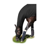 Black elastic horse fly mask with eye holes and leg wraps by supreme products lycra hood designed for comfort and protection