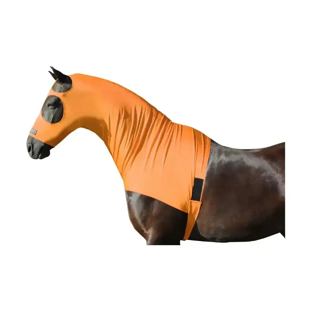 Bright orange supreme products lycra horse fly mask with black eye holes and secure strap lycra hoods