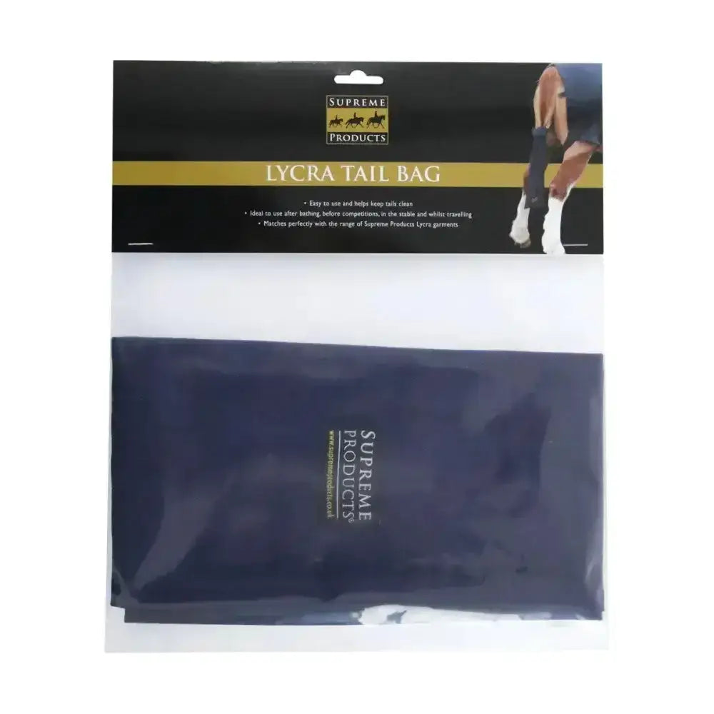 Navy blue supreme products lycra tail bag in clear plastic packaging for horse tack storage and protection