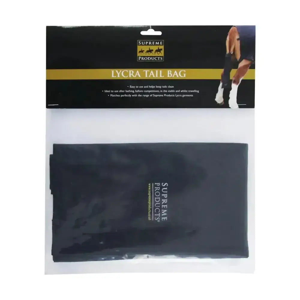 Black lycra tail bag from supreme products packaged in a clear sleeve for horse tack storage and protection