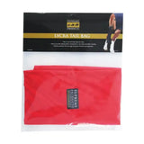 Red lycra tail bag from supreme products lycra packaged in clear plastic with black and gold label for horse tack use