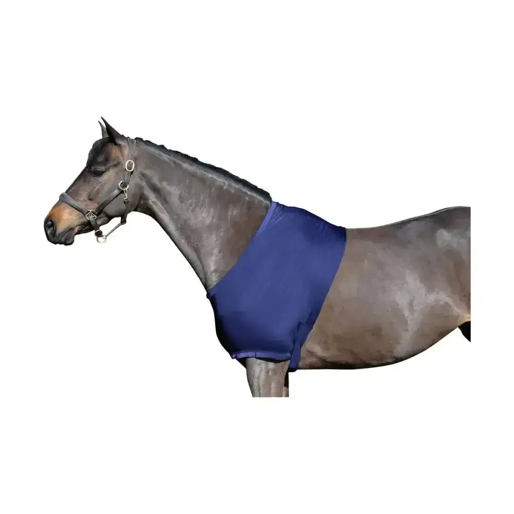 Navy blue stretchy horse blanket made from close-fitting lycra mix with a smooth fabric finish by supreme products lycra