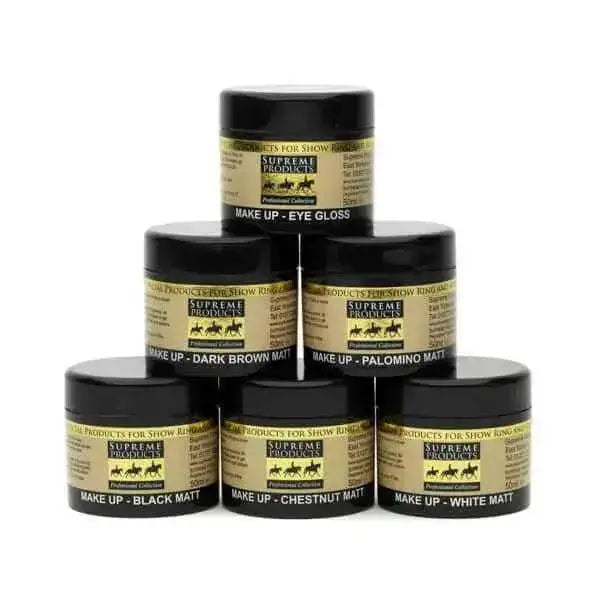 Six black topped jars of supreme products matt eye gloss in black matt chestnut matt palomino matt and white matt shades