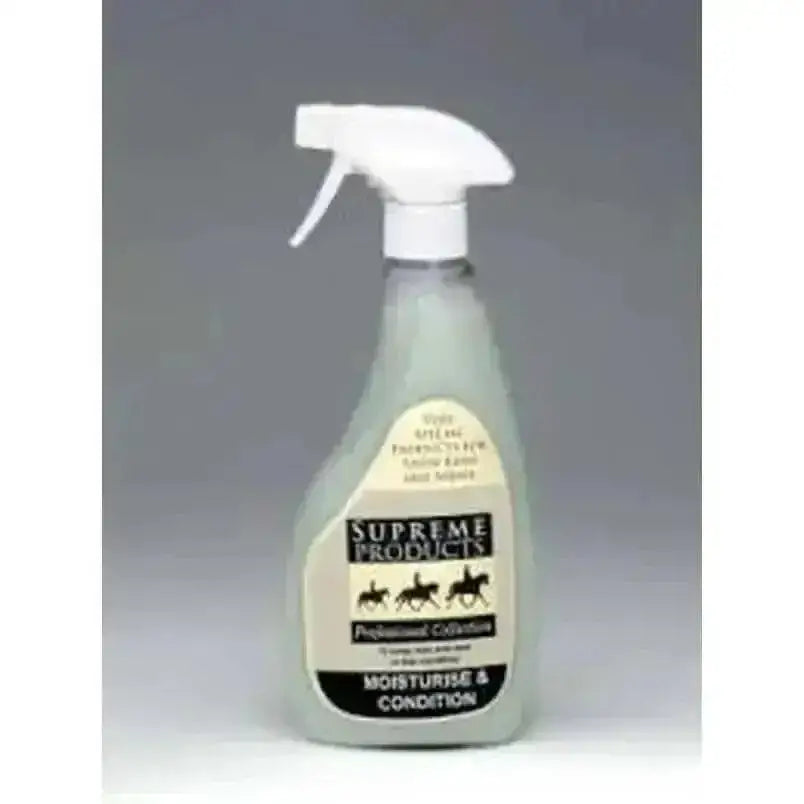 A clear plastic supreme products moisturise and condition spray bottle with white trigger nozzle for regularly plaited horses