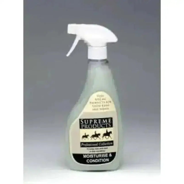 A clear plastic supreme products moisturise and condition spray bottle with white trigger nozzle for regularly plaited horses