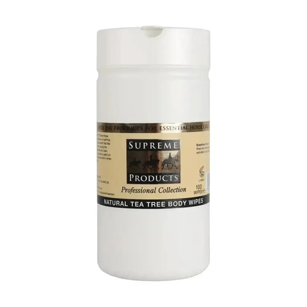 White plastic container of supreme products natural tea tree body wipes with refreshing tea tree scent for cleansing skin