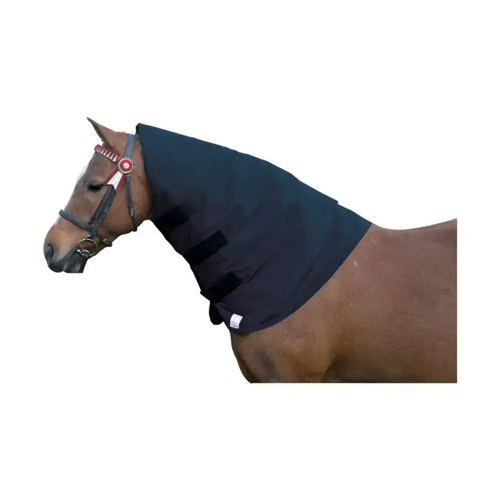 Black horse hood with velcro straps and small white tag made from thermal material designed to reduce hard fat necks supreme products neck