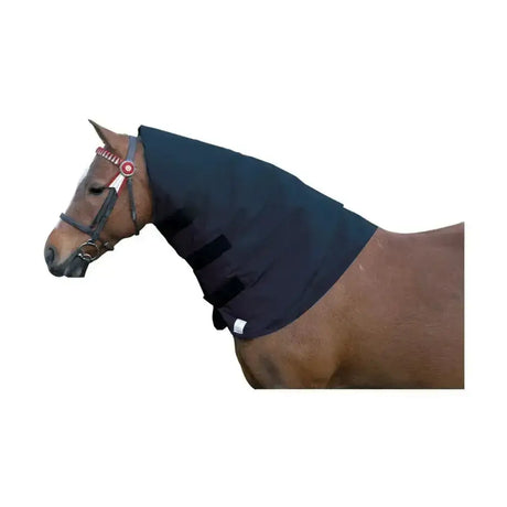 Black horse hood with velcro straps and small white tag made from thermal material designed to reduce hard fat necks supreme products neck