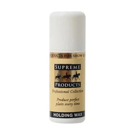 A white cylindrical bottle of supreme products perfect plaits holding wax with a gold label and horse rider design