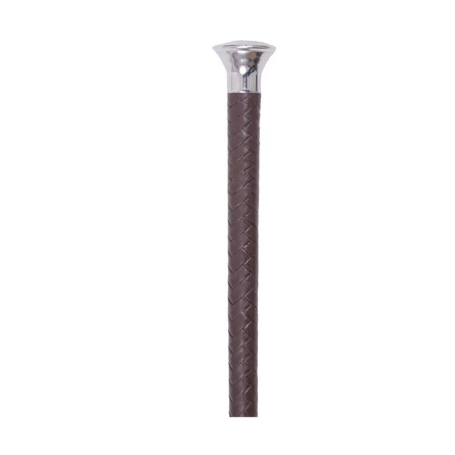Brown braided leather riding crop from supreme products plaited with a silver mushroom leather keeper tip