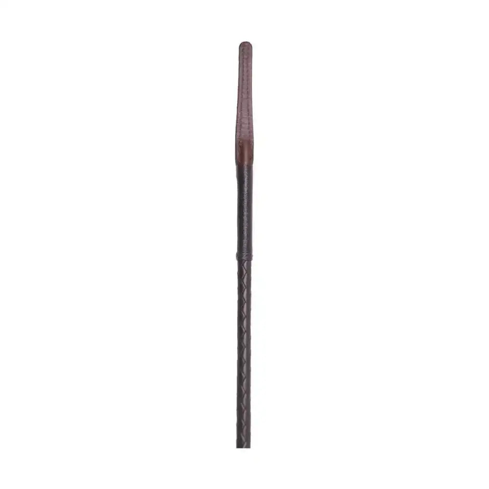 Dark brown leather covered supreme products plaited riding crop with braided texture and silver mushroom leather keeper