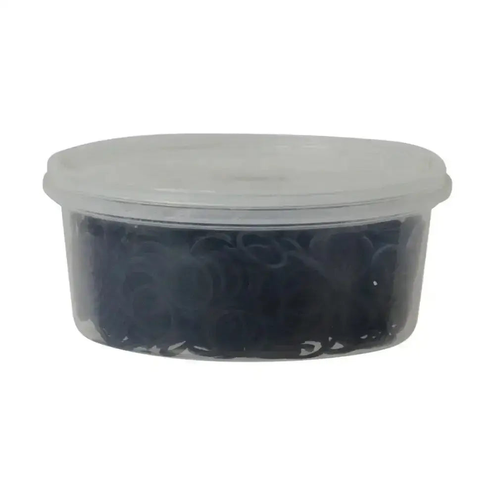 Clear plastic container filled with black elastic hair ties from supreme products plaiting bands pack