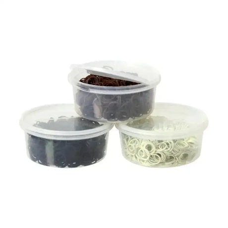 Three clear containers with assorted black brown and off-white rubber bands in a supreme products plaiting bands pack