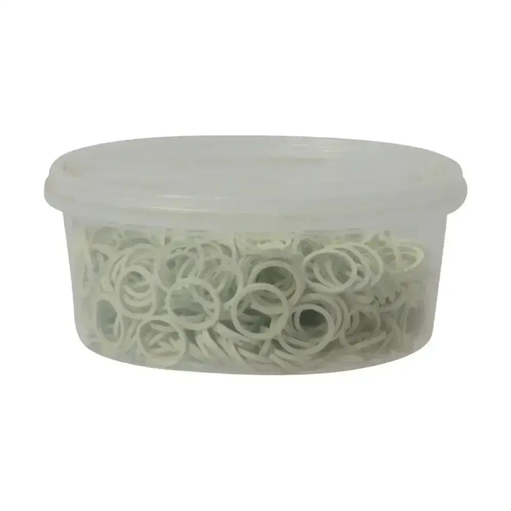Clear plastic container filled with white rubber bands from supreme products plaiting bands pack for styling hair