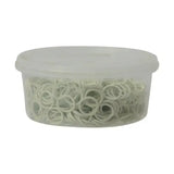 Clear plastic container filled with white rubber bands from supreme products plaiting bands pack for styling hair