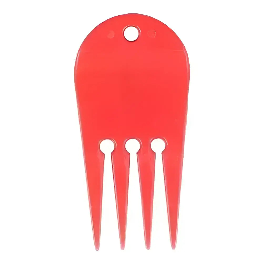 Red plastic supreme products plaiting comb with three prongs and hole for simple plaiting and creating plaits