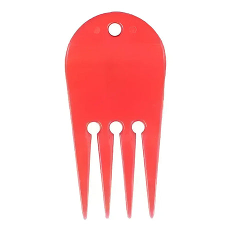 Red plastic supreme products plaiting comb with three prongs and hole for simple plaiting and creating plaits