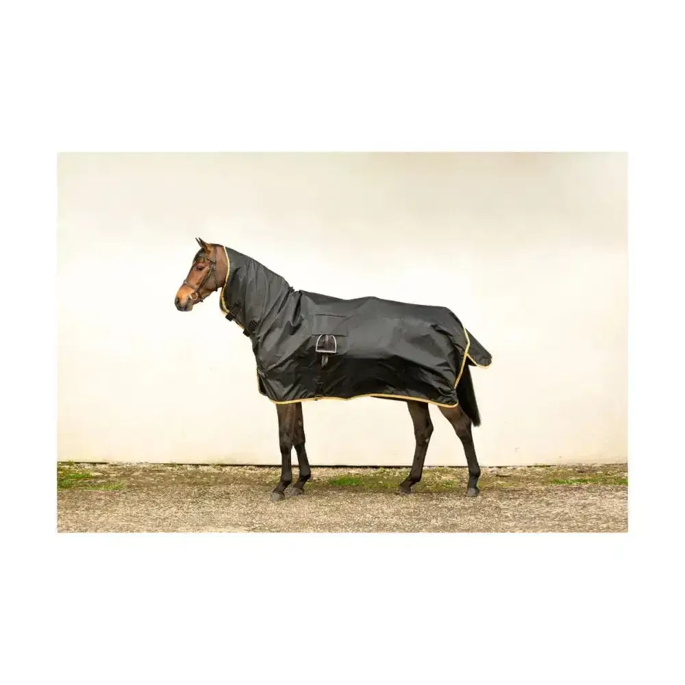 Black horse blanket with yellow trim and silver buckle from supreme products pro groom rain sheet for rainy weather use