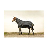 Black horse blanket with yellow trim and silver buckle from supreme products pro groom rain sheet for rainy weather use
