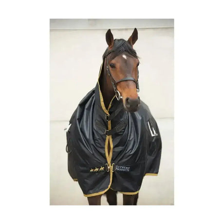 Black supreme products pro groom horse blanket with gold trim and adjustable straps pro groom rain sheet