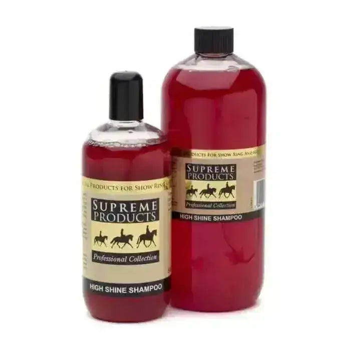 Two bottles of supreme products professional high shine horse shampoo filled with vibrant red liquid and black caps