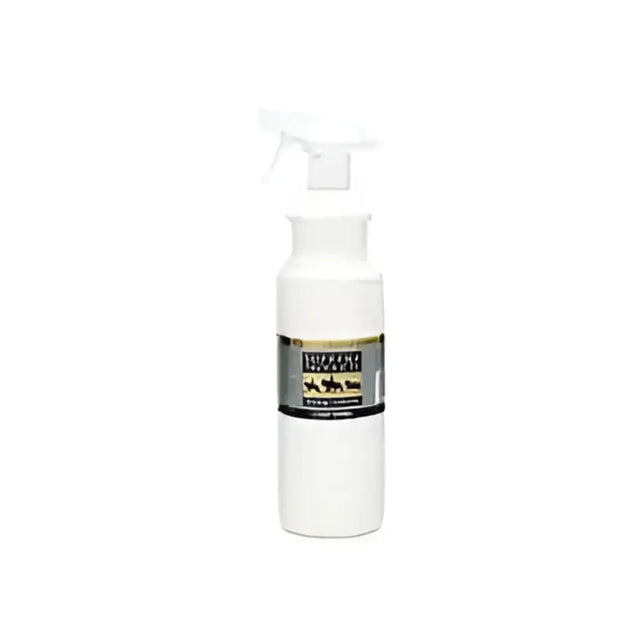 White plastic spray bottle with black and gold horse label of supreme products quarter marks spray for horses