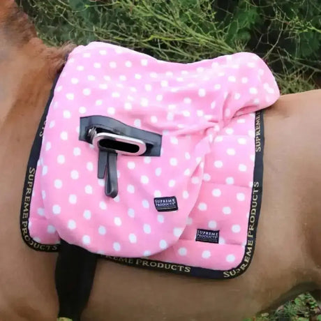 Pink polka-dot quilted dotty fleece saddle pad with black trim by supreme products ride soft fleece saddle cover